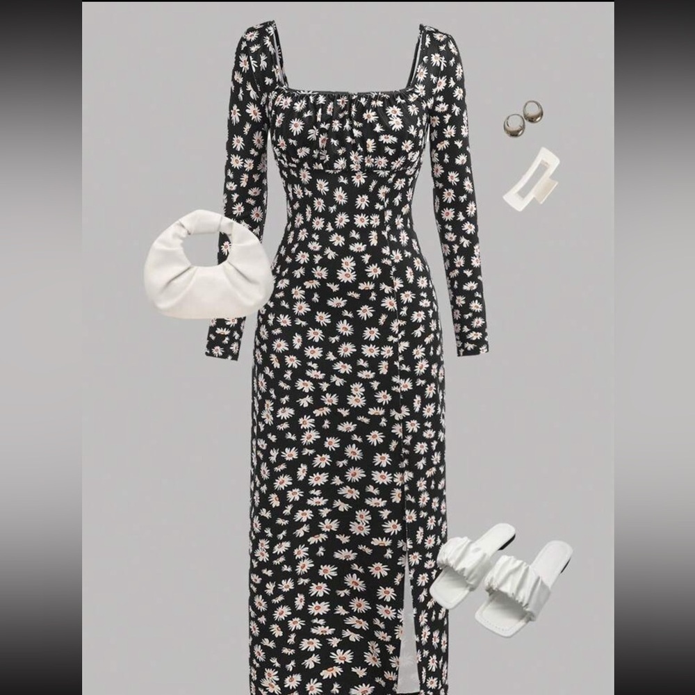 Black Daisy Flower Print Square Neck Slit Front Knit Casual Vacation Dress